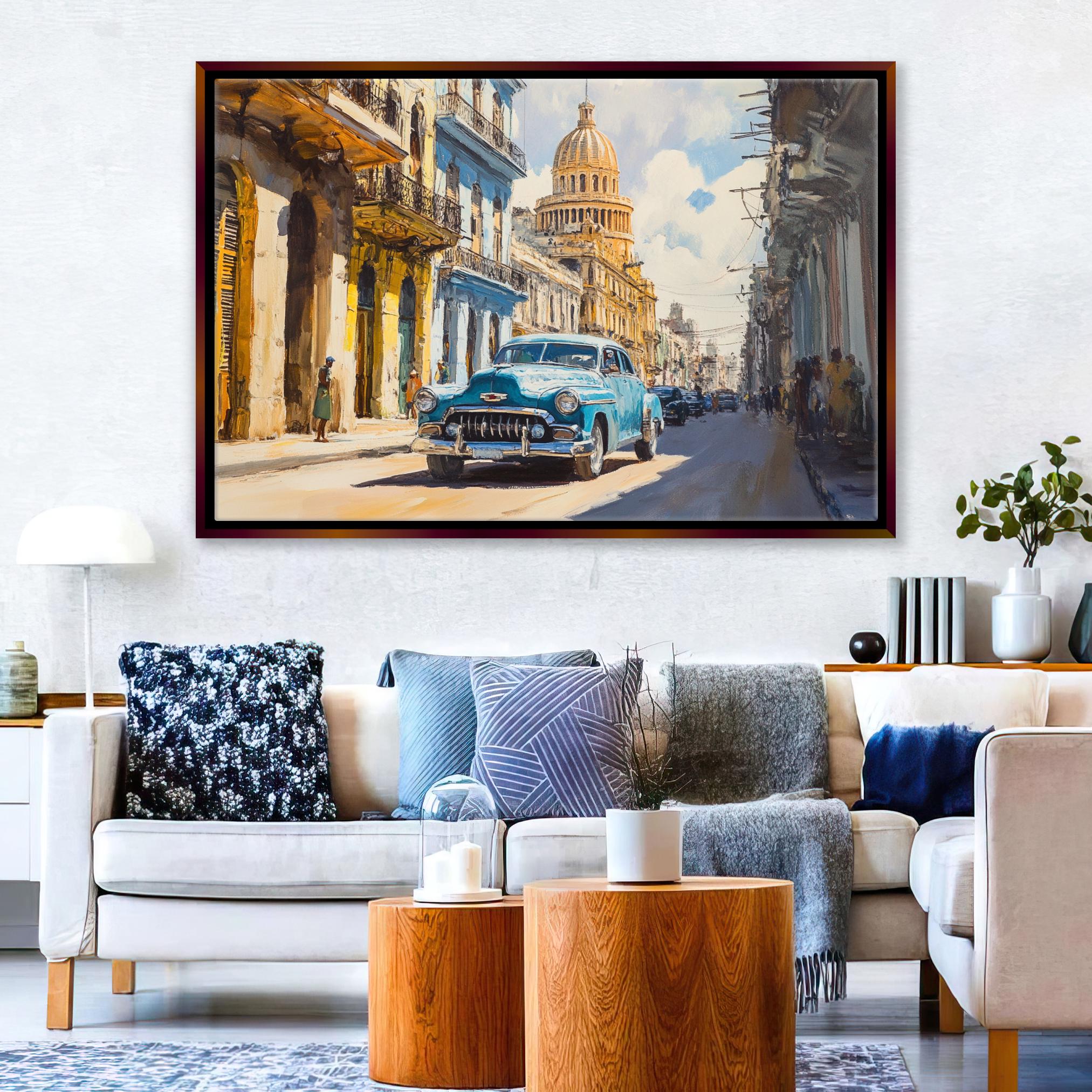 a painting of a car driving down a street