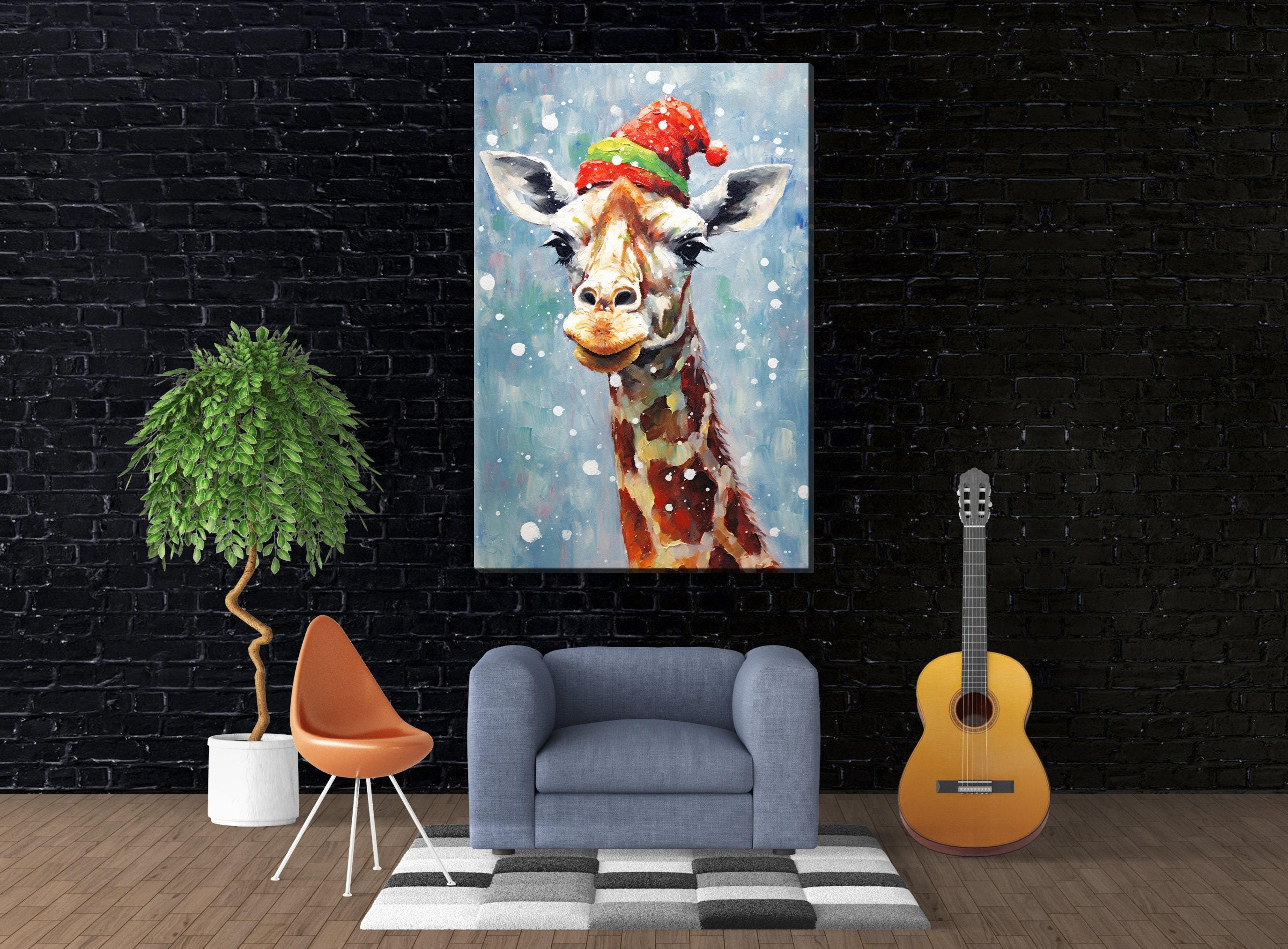Giraffe In Santa Hat - Whimsical Christmas Canvas Art | Extra Large Gallery Wrapped Print