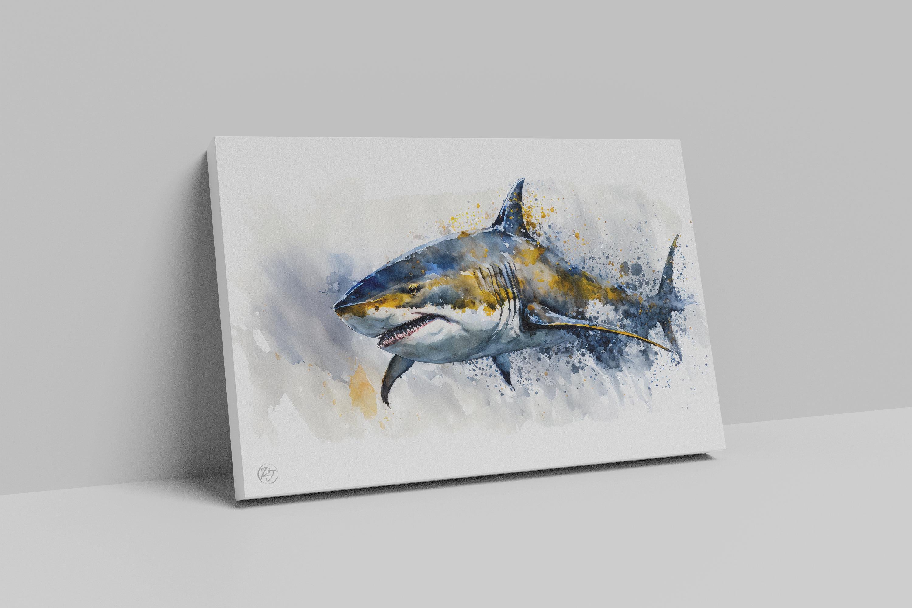 Shark Watercolor Art Print: Bright Ocean Wildlife Scene, Museum Rag Paper or Canvas (Framed or Unframed, Multiple Sizes)