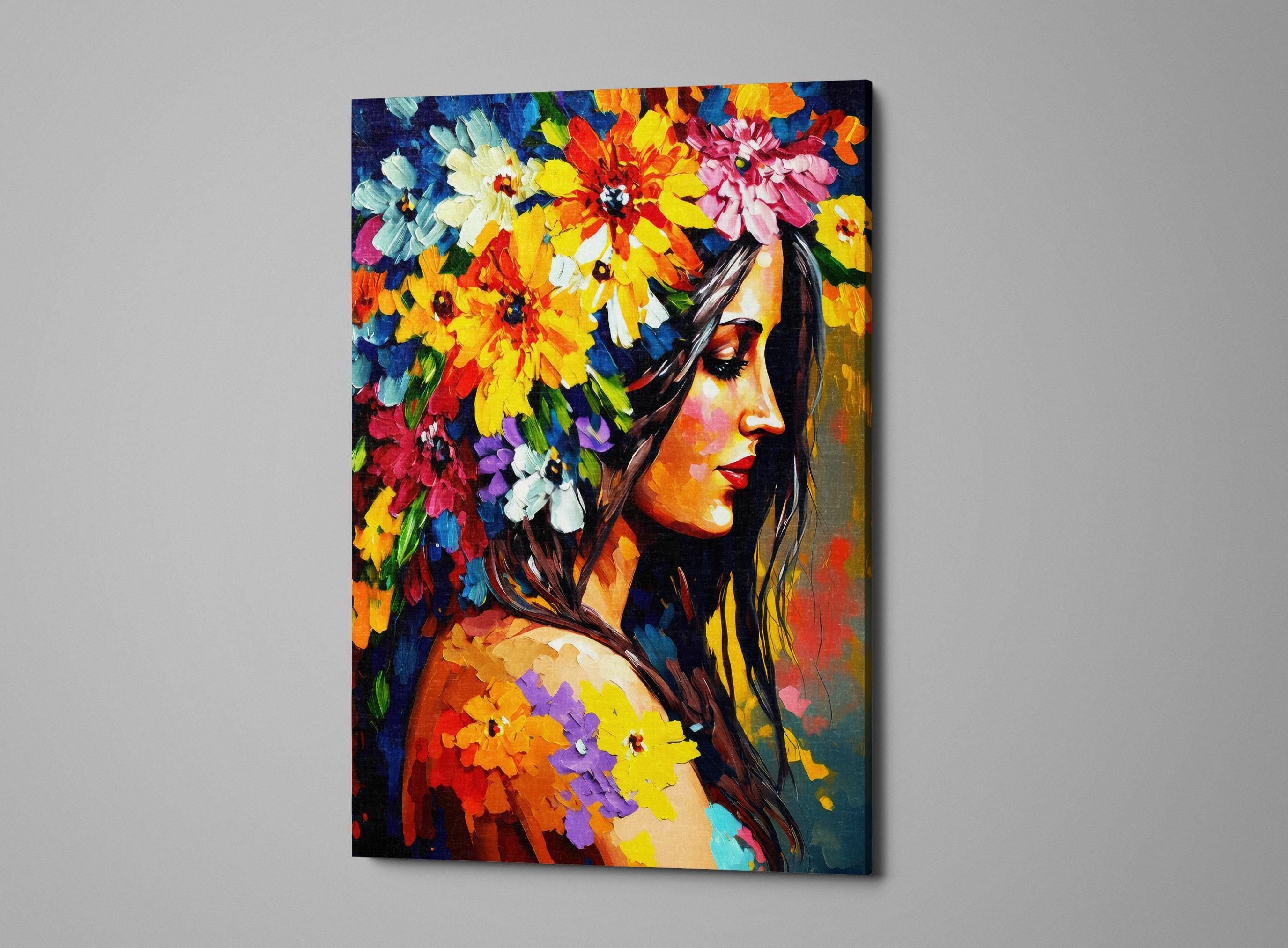 Floral Portrait Canvas - Woman Flower Hair Large Canvas Print | Feminine Home Decor