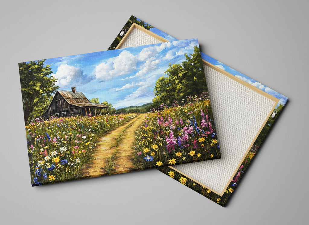 two paintings of a country road and a house