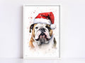 Christmas Bulldog - English Bulldog with Santa Hat, Giclee Print on Canvas, Artist Paper, Watercolor Paper, Available in Extra Large Sizes