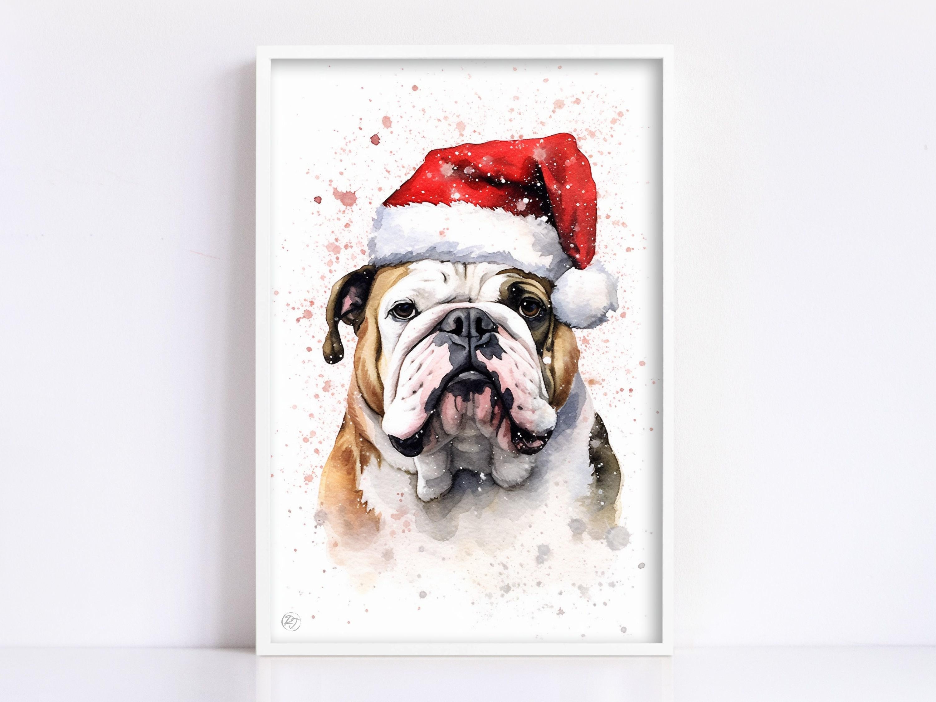Christmas Bulldog - English Bulldog with Santa Hat, Giclee Print on Canvas, Artist Paper, Watercolor Paper, Available in Extra Large Sizes