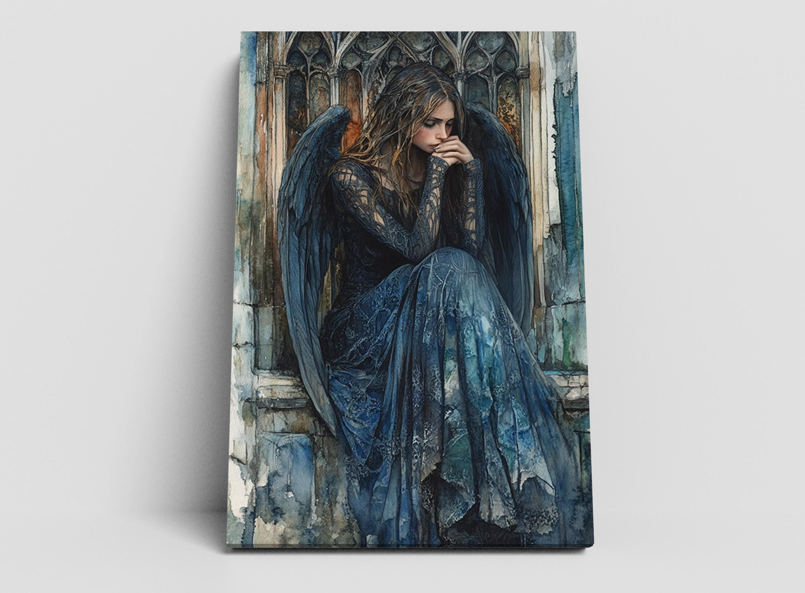 A woman with long hair and wings is depicted in a dark, moody scene, sitting in a window with her head in her hands.