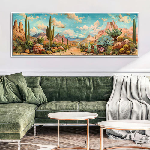 a living room with a green couch and a painting on the wall