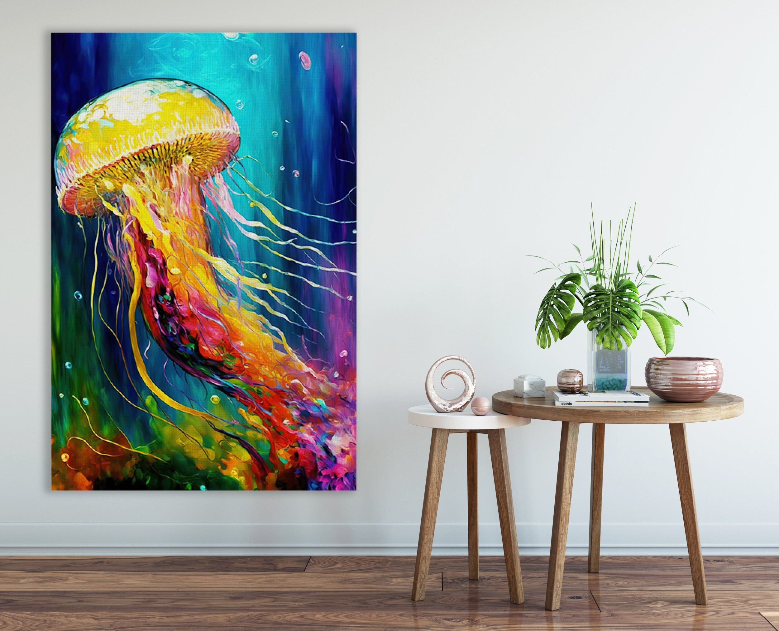 Jellyfish Canvas Art – Vibrant Sea Life Painting on Gallery Ready Wooden Frame