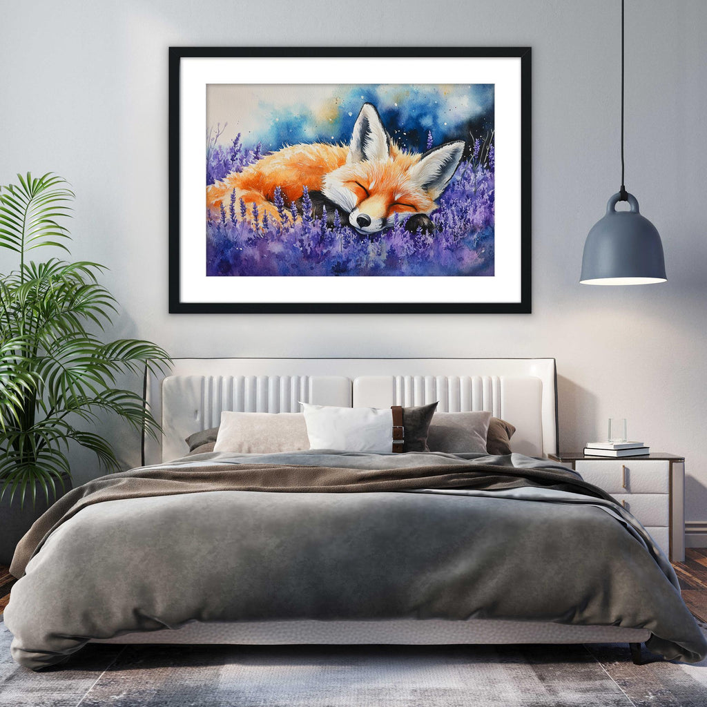a bedroom with a large bed, a framed painting of a sleeping fox in a field of purple flowers, and a potted plant on the left side of the room.