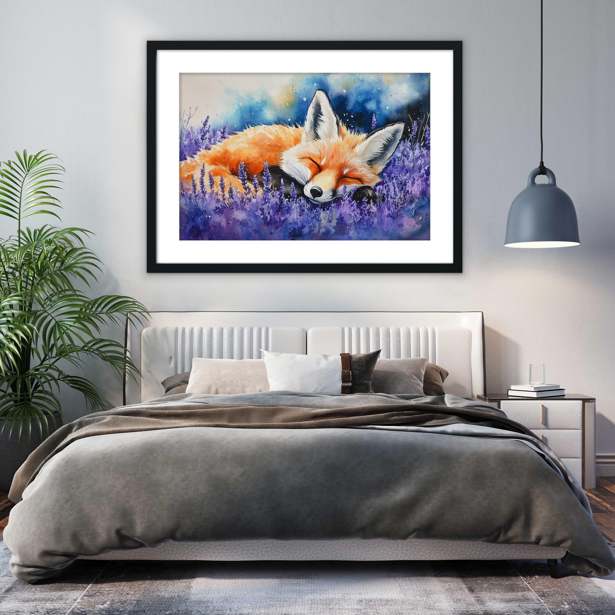 a bedroom with a large bed, a framed painting of a sleeping fox in a field of purple flowers, and a potted plant on the left side of the room.