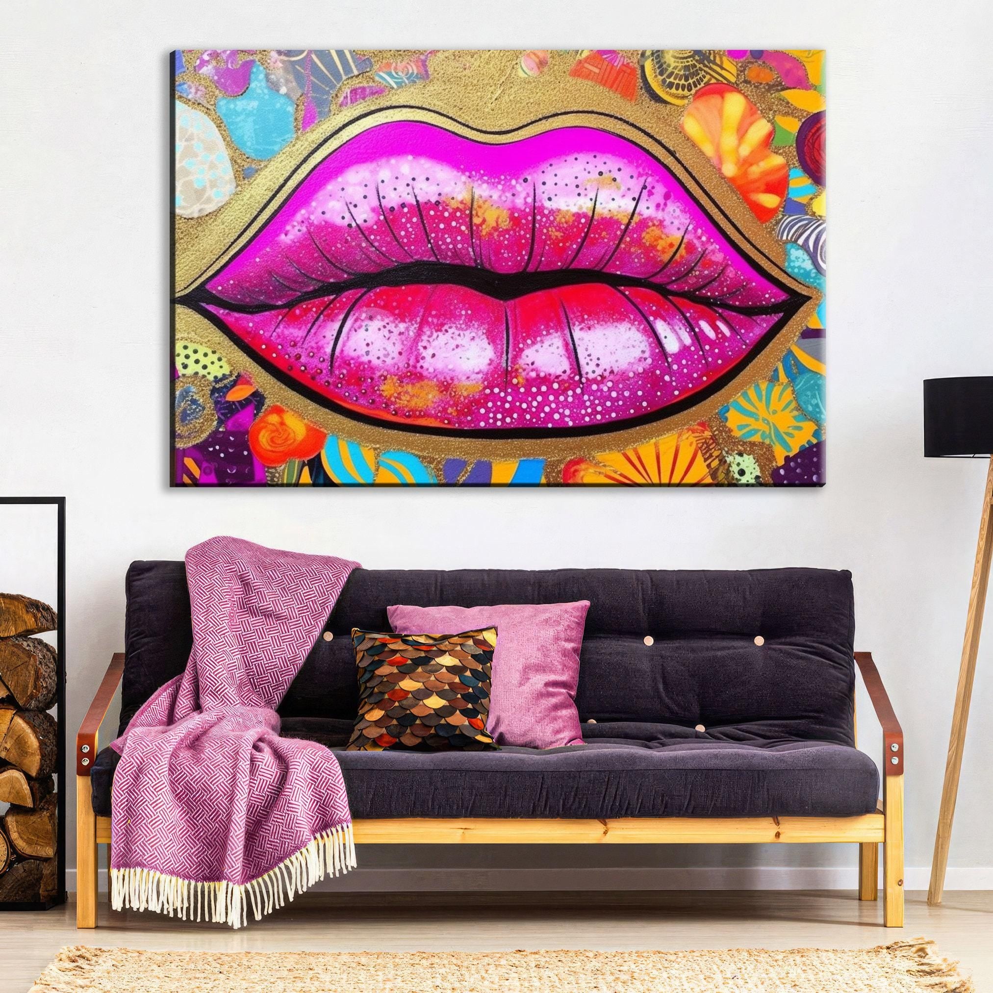 Gold Glitter Lips Canvas Wall Art – Large Feminine Pop Art Decor, Gallery Ready Print