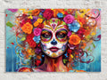 A vibrant and colorful painting depicting a woman's face with intricate floral and geometric patterns surrounding her, creating a lively and festive atmosphere.