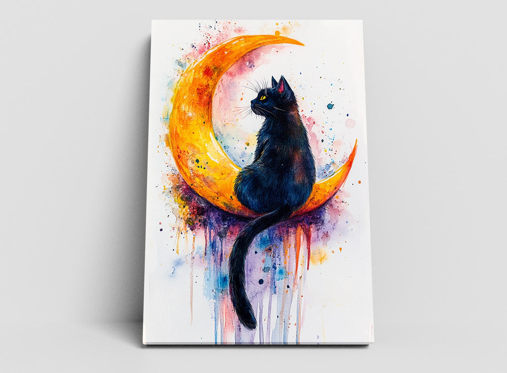 A black cat sitting on a crescent moon, with splashes of color surrounding the moon.