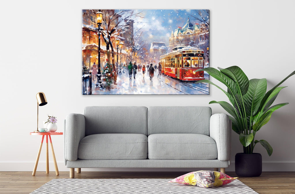 Magical Wintery City Watercolor - Classic Christmas Art, Print on Canvas, Artist Paper, Watercolor Paper, Available in Extra Large Sizes