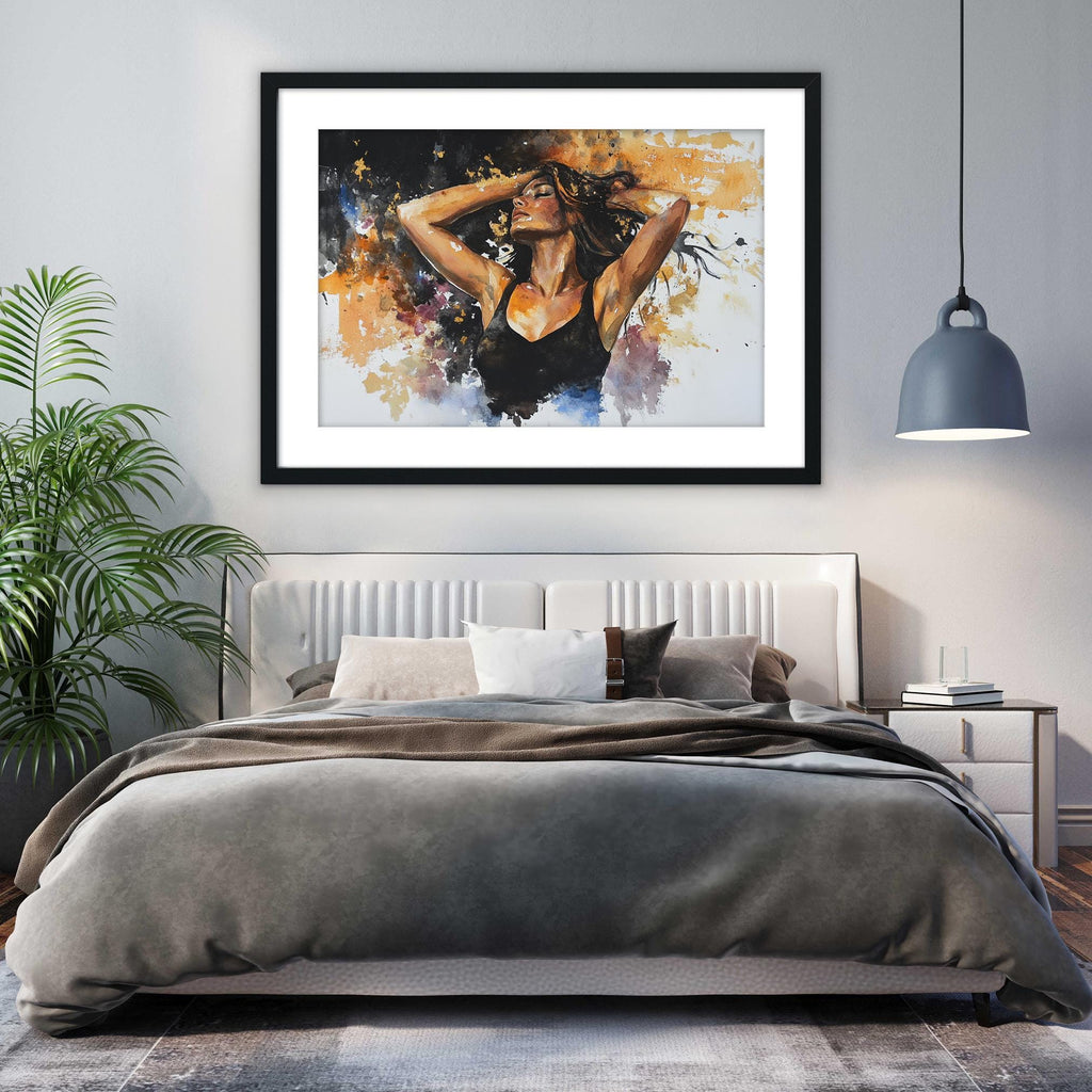 a bedroom with a large bed, a framed painting of a woman with her arms raised above her head, and a potted plant on the left side of the room.