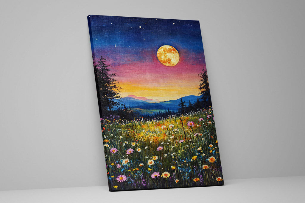 a painting of a field of wildflowers with a full moon in the background