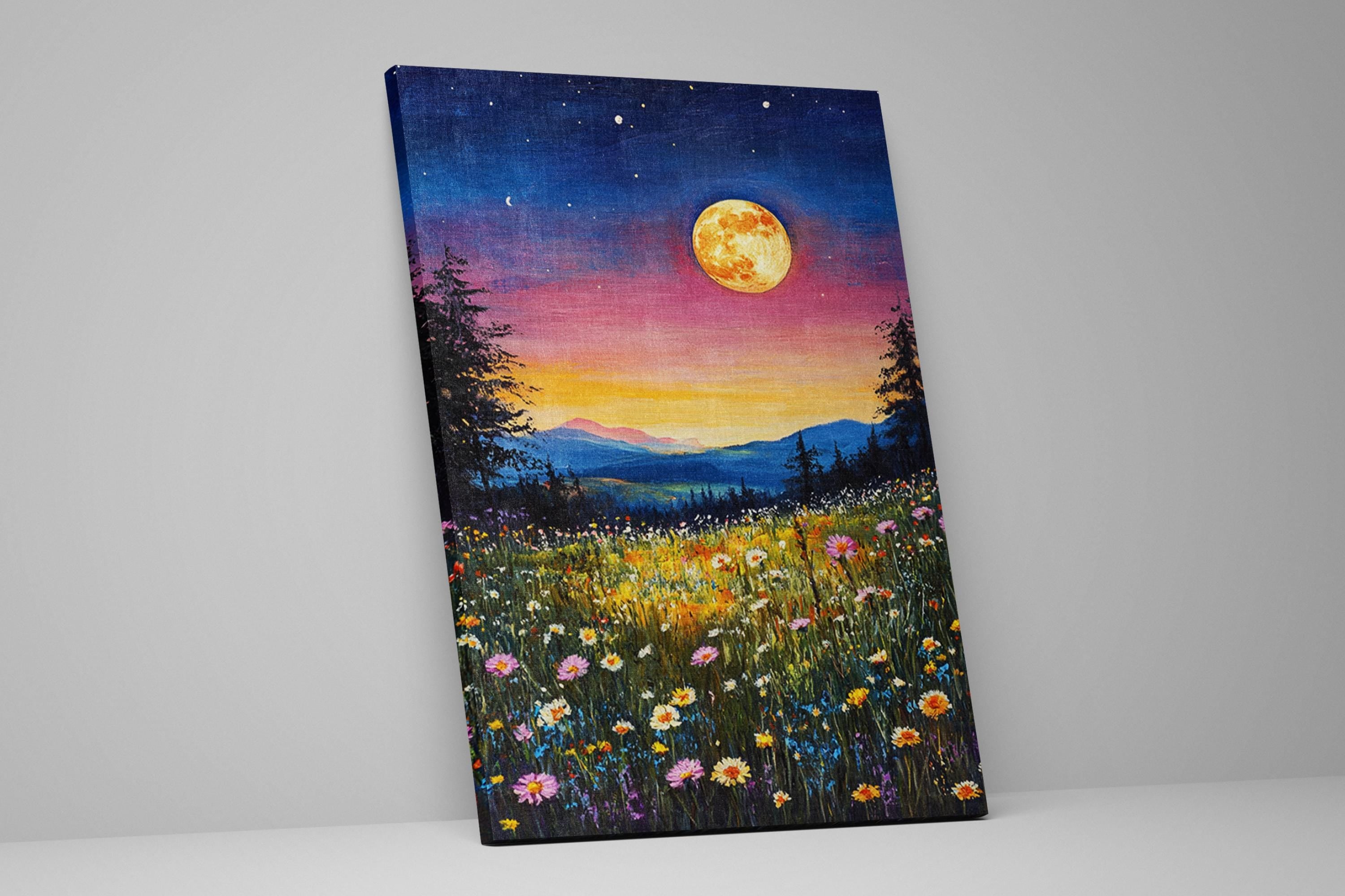 a painting of a field of wildflowers with a full moon in the background