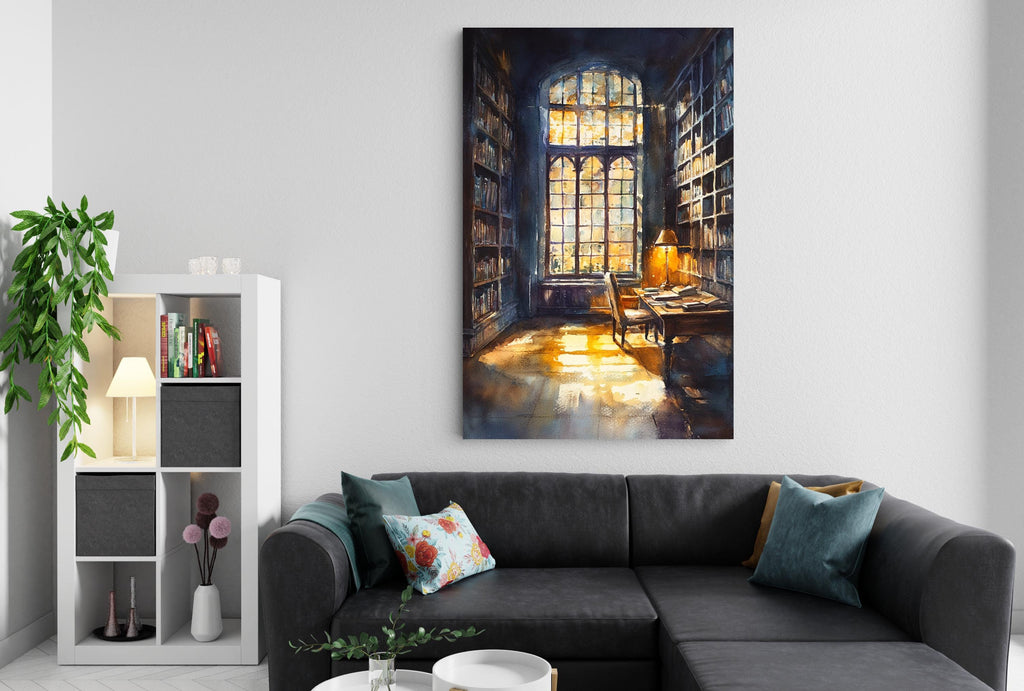 a cozy living room with a large window that allows natural light to fill the space. The room is furnished with a black sofa, a coffee table, and a bookshelf filled with books. A painting of a library or study area is displayed on the wall above the sofa, adding an artistic touch to the room's decor.