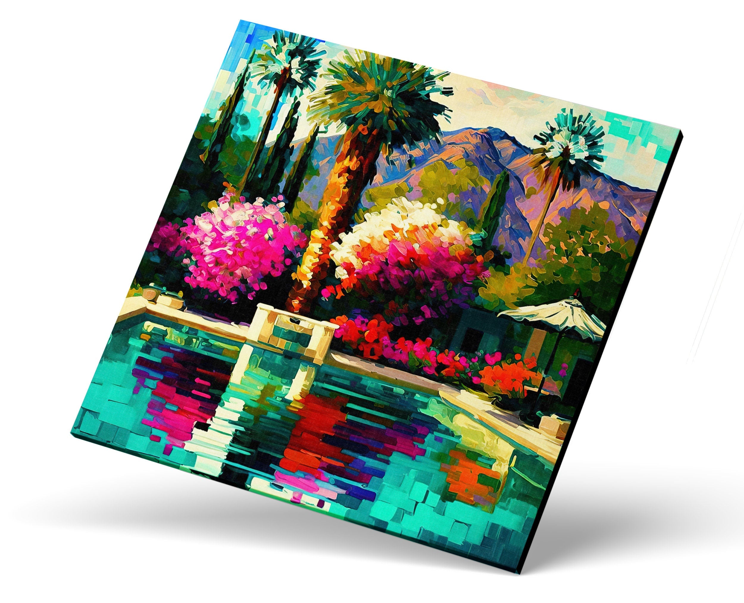 Palm Springs Canvas Print - Vibrant Colorful Pool Scene Painting on Gallery-Ready Canvas
