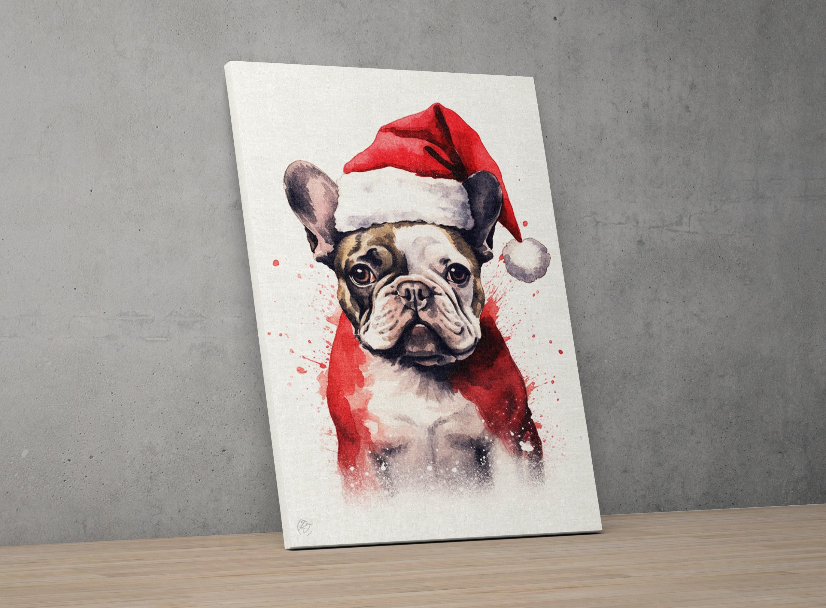 Christmas French Bulldog - Watercolor Frenchie Art, Giclee Print on Canvas, Artist Paper, Watercolor Paper, Available in Extra Large Sizes