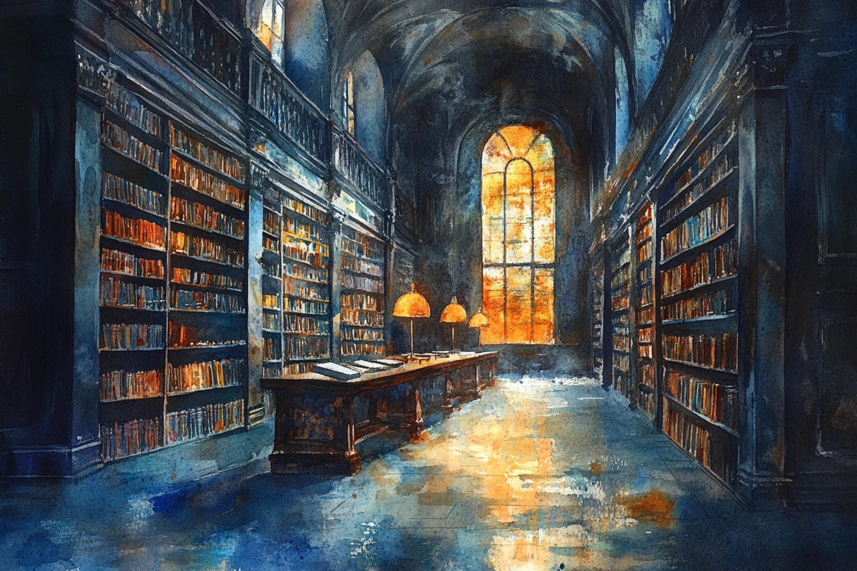 a grand library with tall bookshelves lining the walls, illuminated by warm lighting that casts a cozy glow throughout the space.