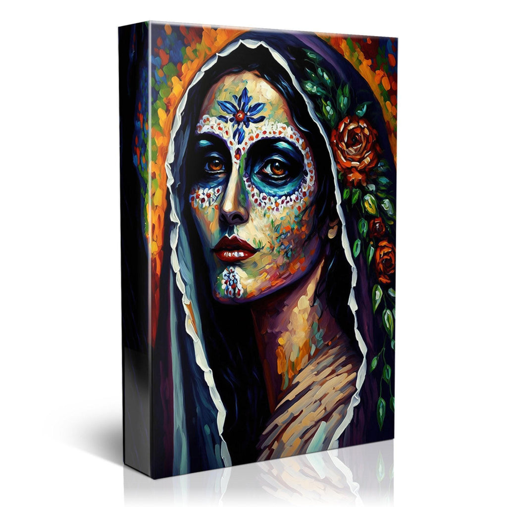 The image is a vibrant and colorful painting depicting a woman's face with intricate Day of the Dead-inspired makeup and floral elements.