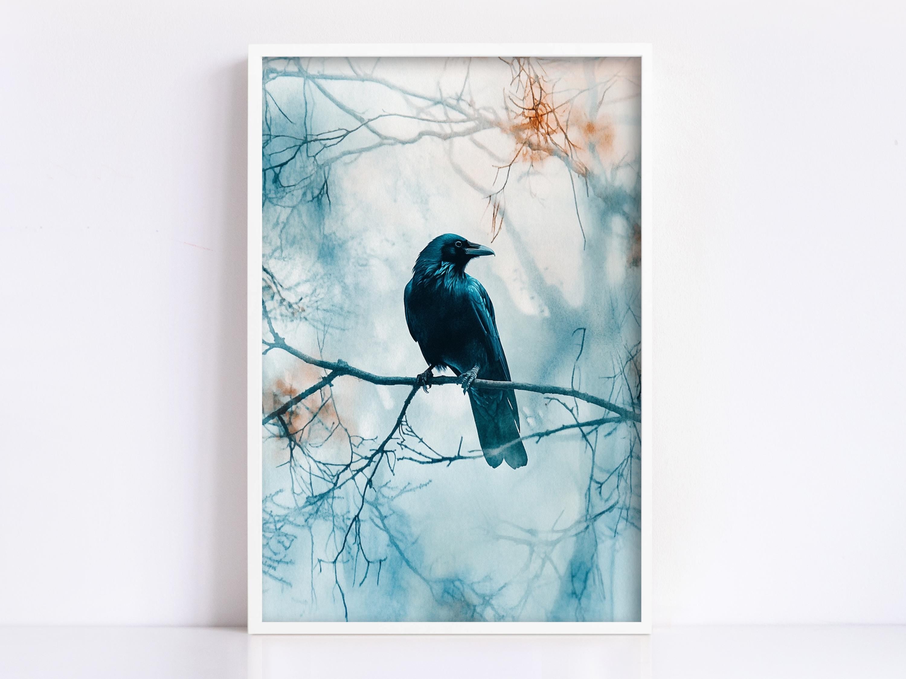 A black bird perches on a branch, its silhouette contrasting against the soft, blurred background.