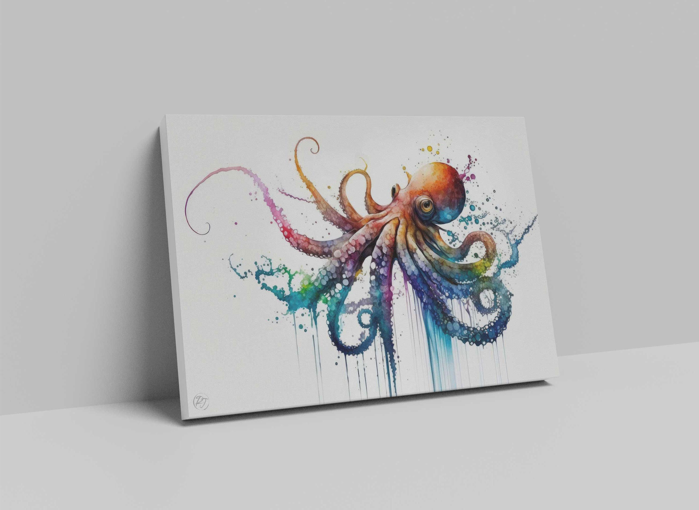 A colorful and vibrant painting of an octopus, with its tentacles spread out in a dynamic and lively manner.