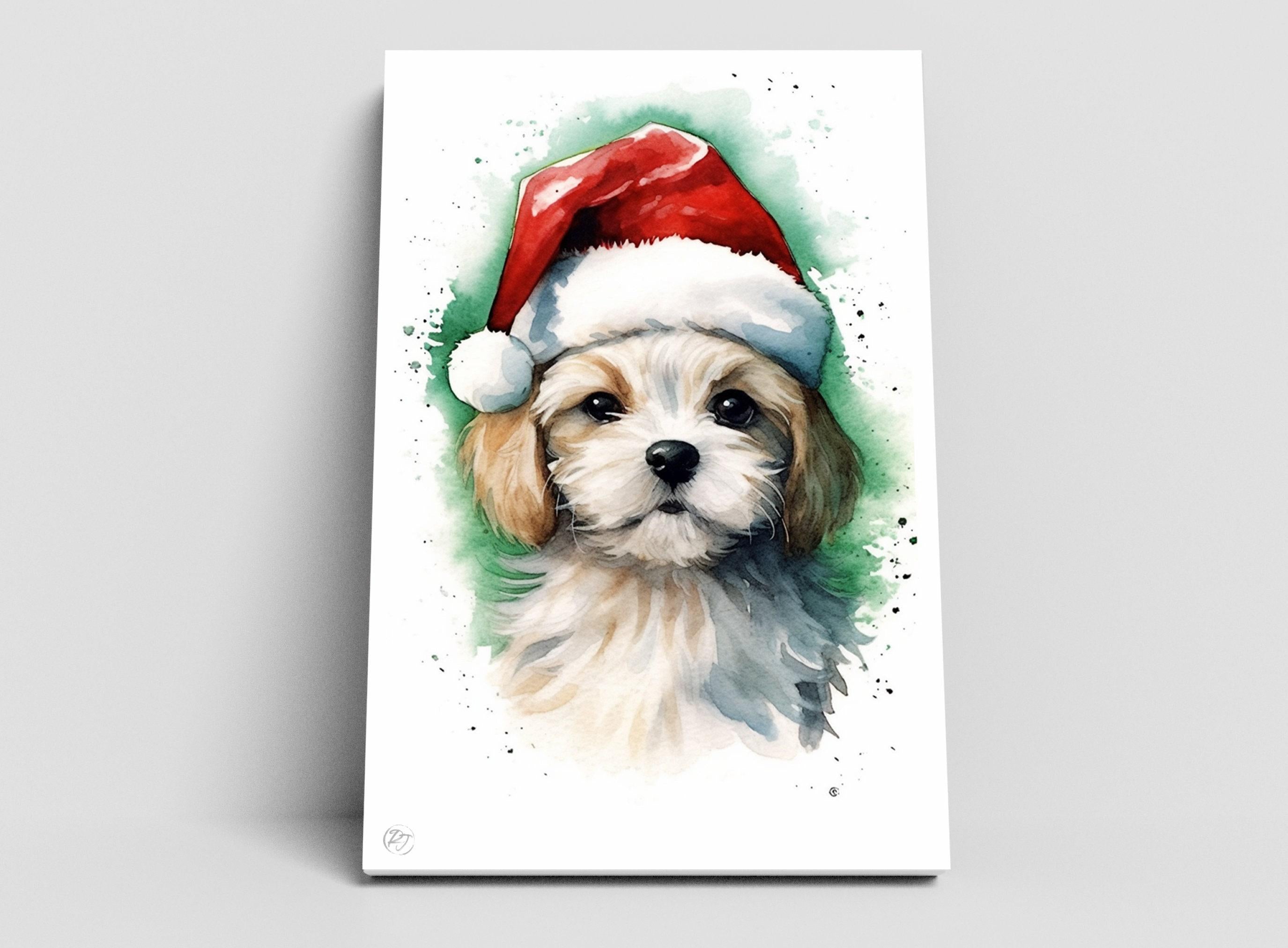 Adorable Puppy in Santa Hat Watercolor Art Print, Giclee Print on Canvas, Artist Paper, Watercolor Paper, Available in Extra Large Sizes