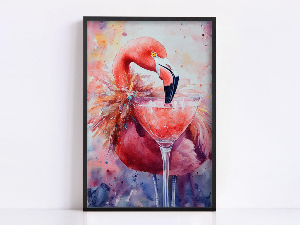 A vibrant painting of a flamingo standing in a martini glass, with splashes of color and a pink and red hue.
