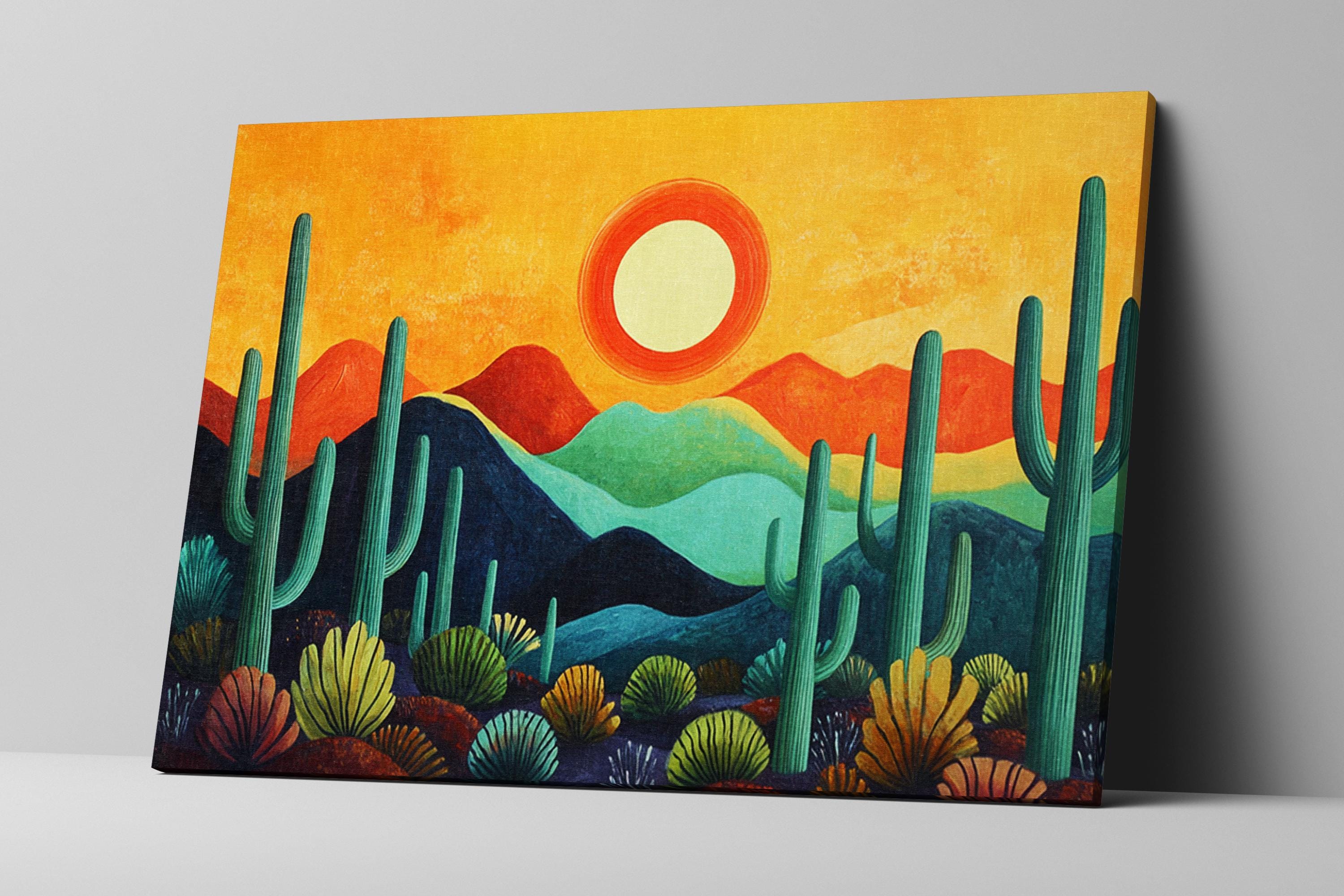 a painting of a desert scene with cactus trees