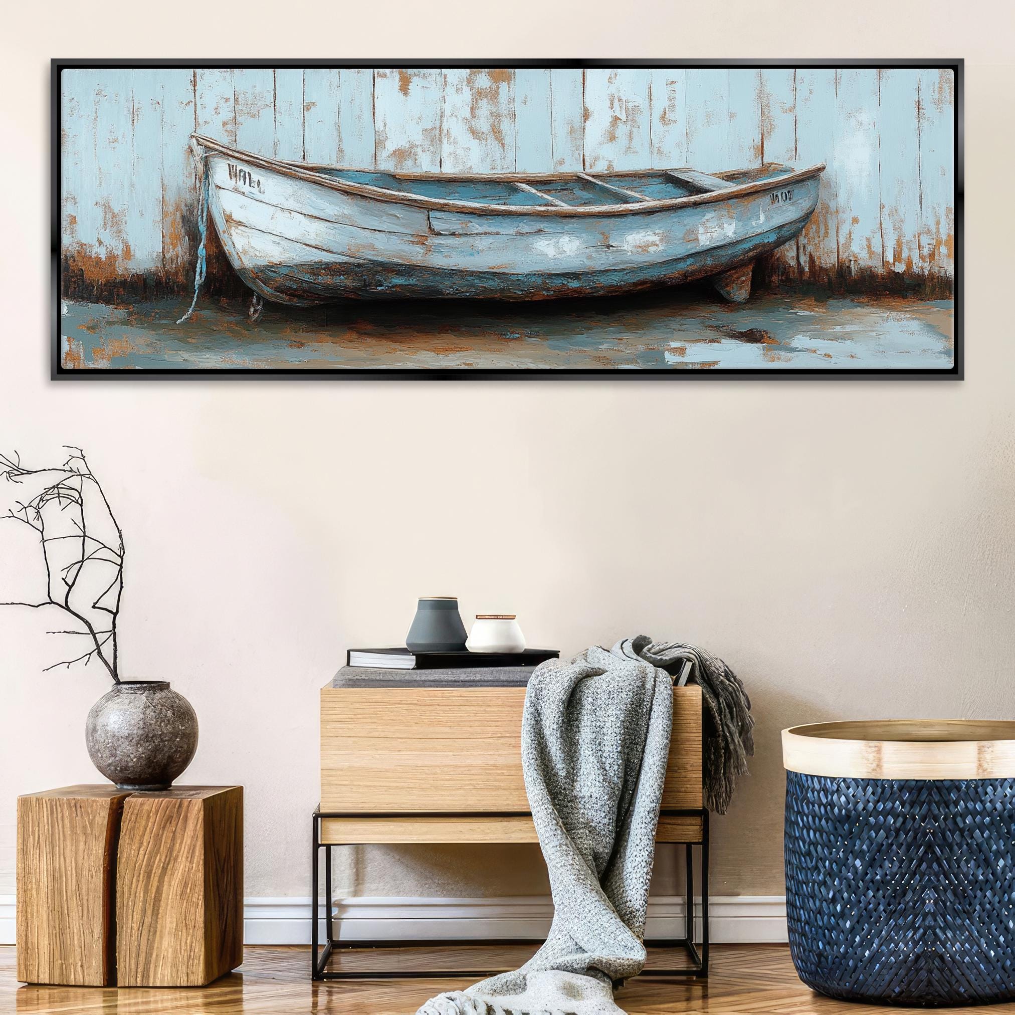 a painting of a boat on a wall