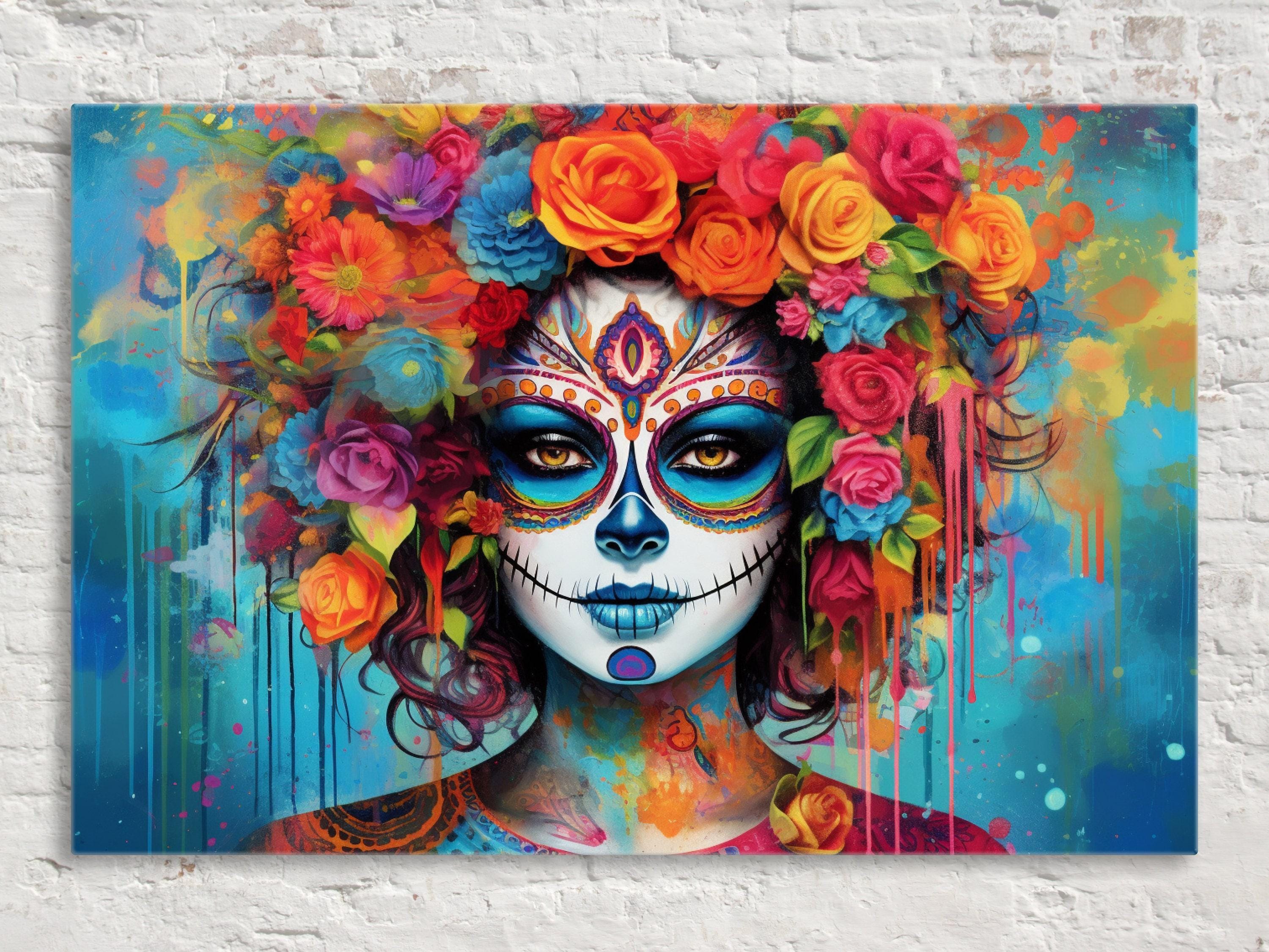 A colorful and vibrant painting depicting a woman's face with intricate floral and geometric patterns, including roses, flowers, and other decorative elements.