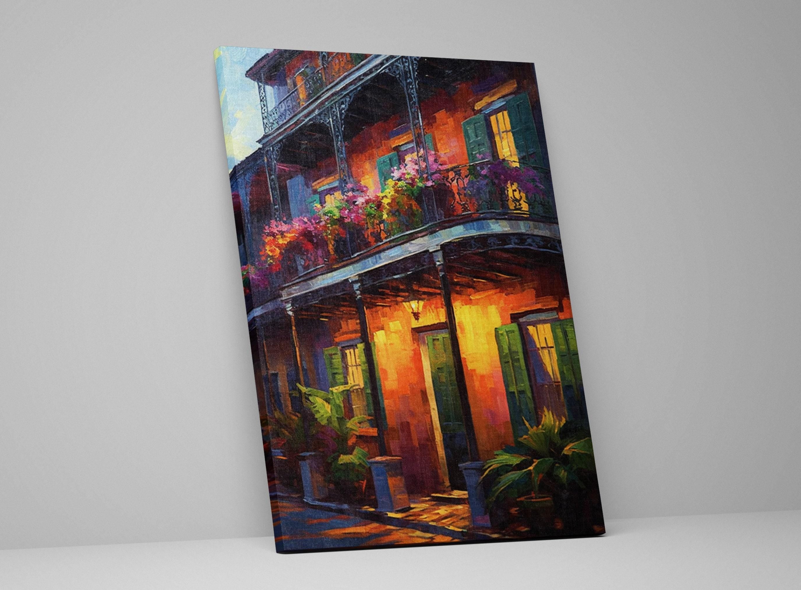 New Orleans Canvas Art – Large Framed French Quarter Painting With Wood Frame