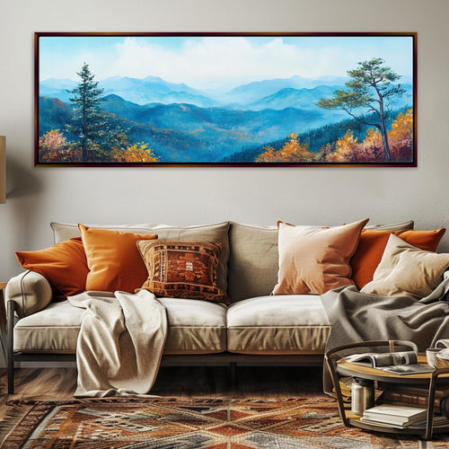 a living room with a couch and a painting on the wall