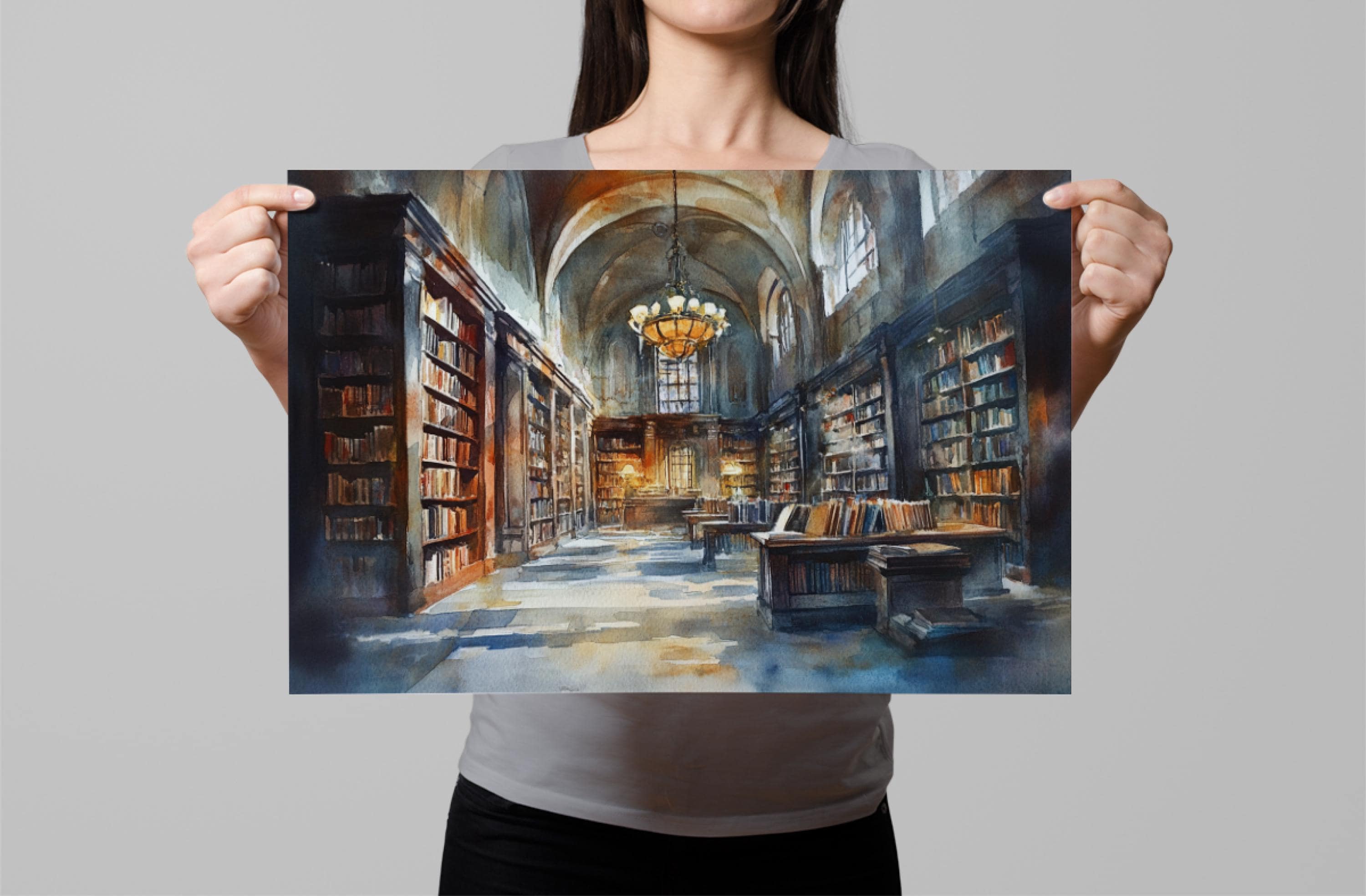 A woman holds up a framed painting depicting a grand library with towering bookshelves, a chandelier, and a grand archway.