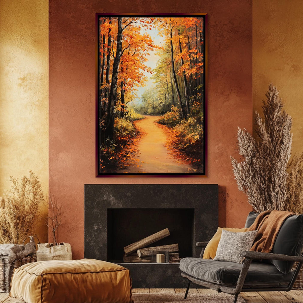 a cozy living room with a fireplace, a comfortable chair, and a large painting of a forest path with autumn foliage hanging above it.