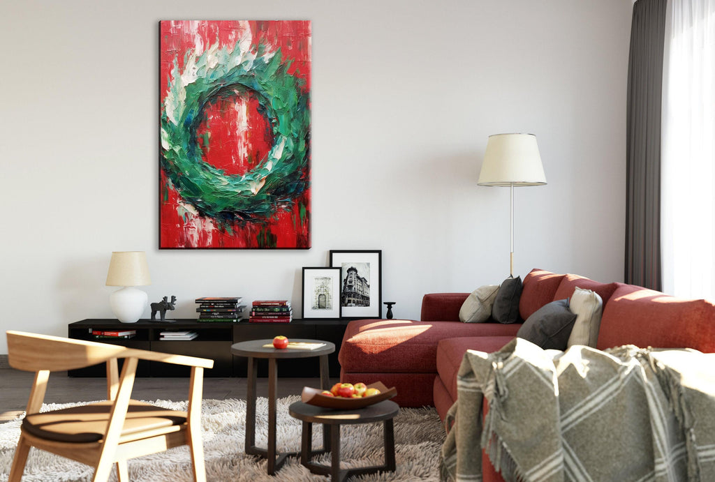 Christmas Wreath Painting – Festive Holiday Wall Art on Gallery Wrapped Canvas
