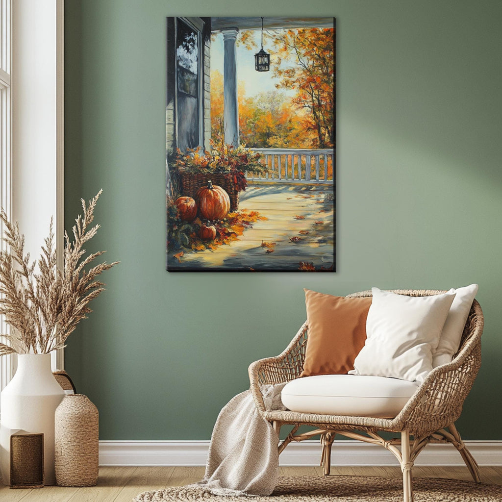 a cozy living room with a wicker chair, a painting of a porch with pumpkins, and a vase of dried flowers on the windowsill.