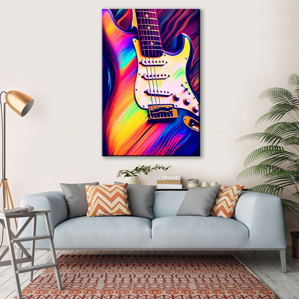 Electric Guitar Wall Art - Synthwave Neon Guitar Canvas Art | Large Vibrant Music Decor