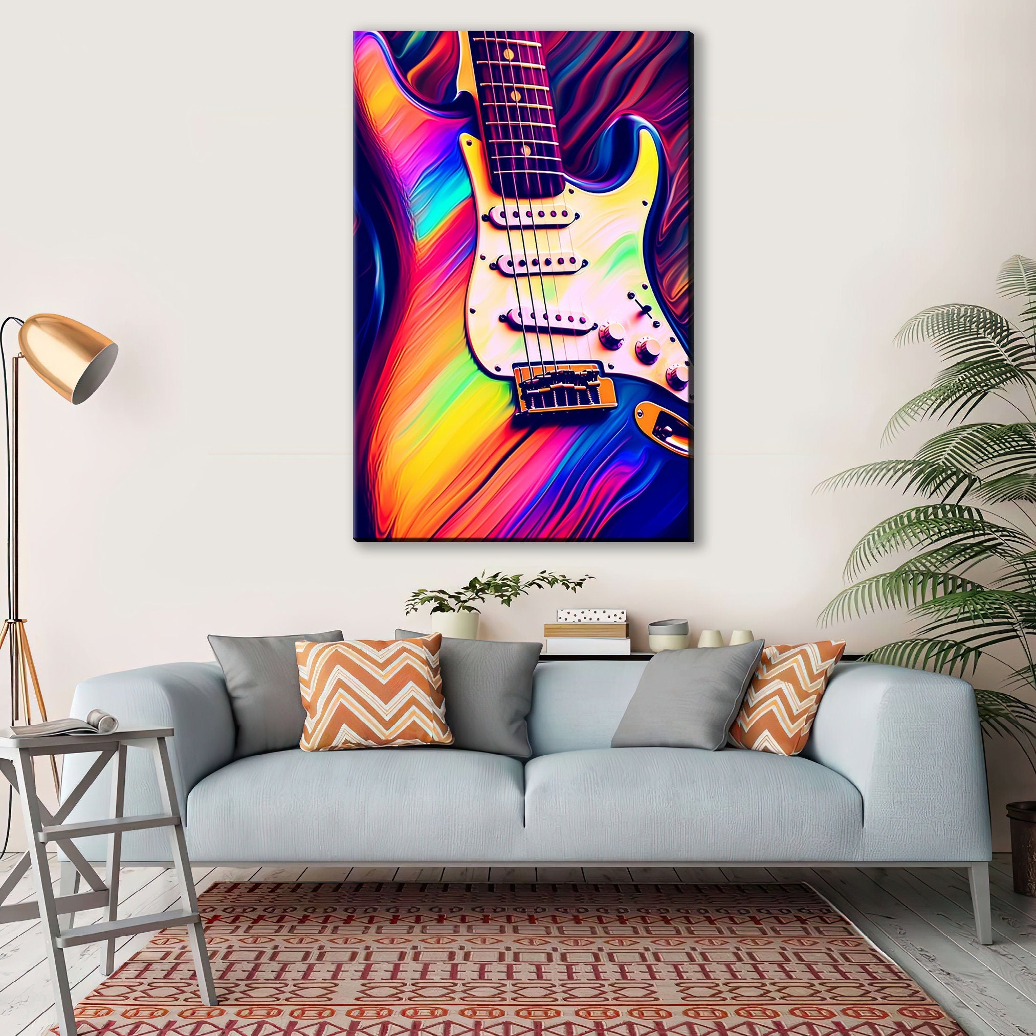 Electric Guitar Wall Art - Synthwave Neon Guitar Canvas Art | Large Vibrant Music Decor