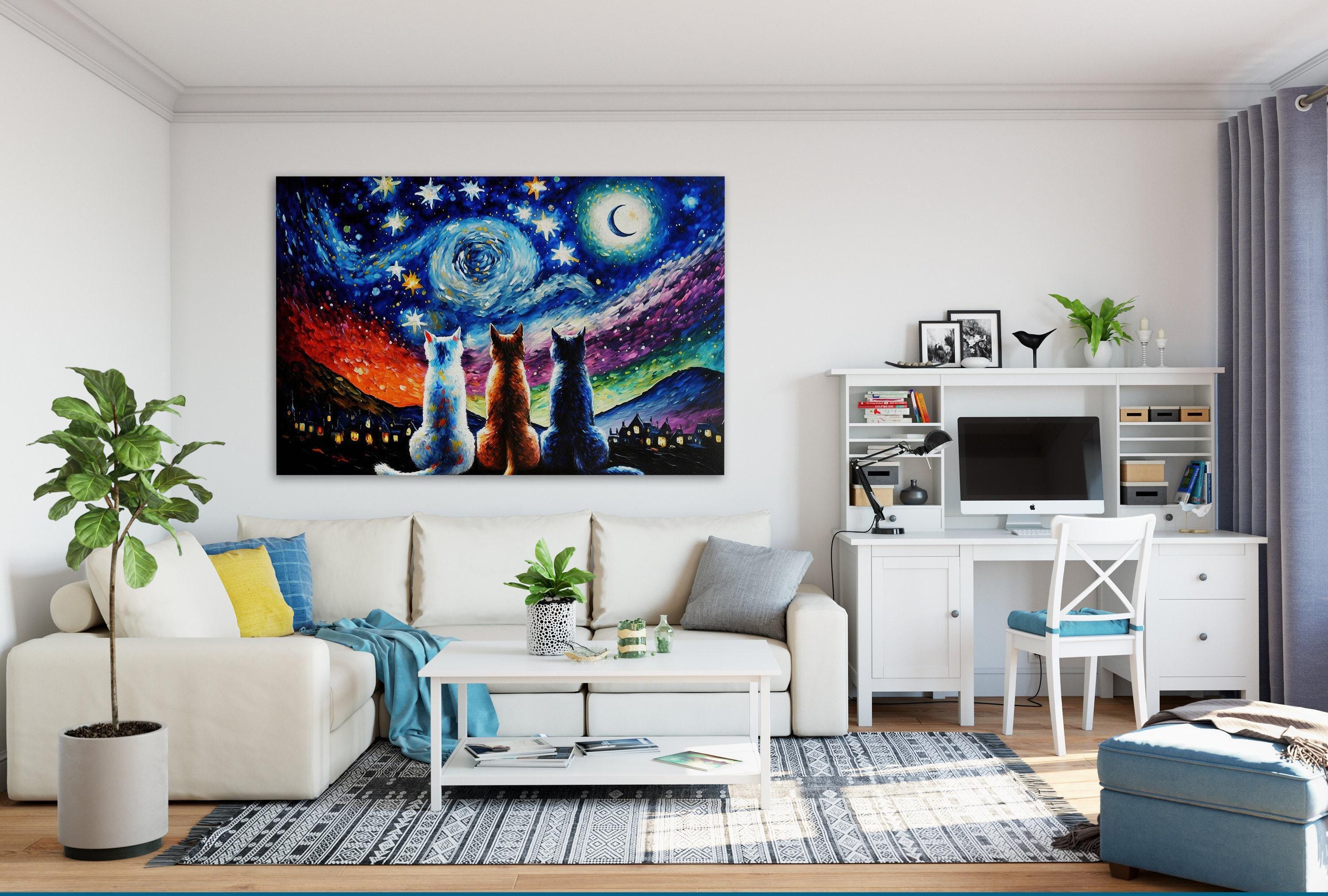 a cozy living room with a white sofa, a coffee table, and a large painting of cats against a starry night sky. The room also features a desk with a computer setup, a bookshelf, and various decorative elements such as plants and vases.