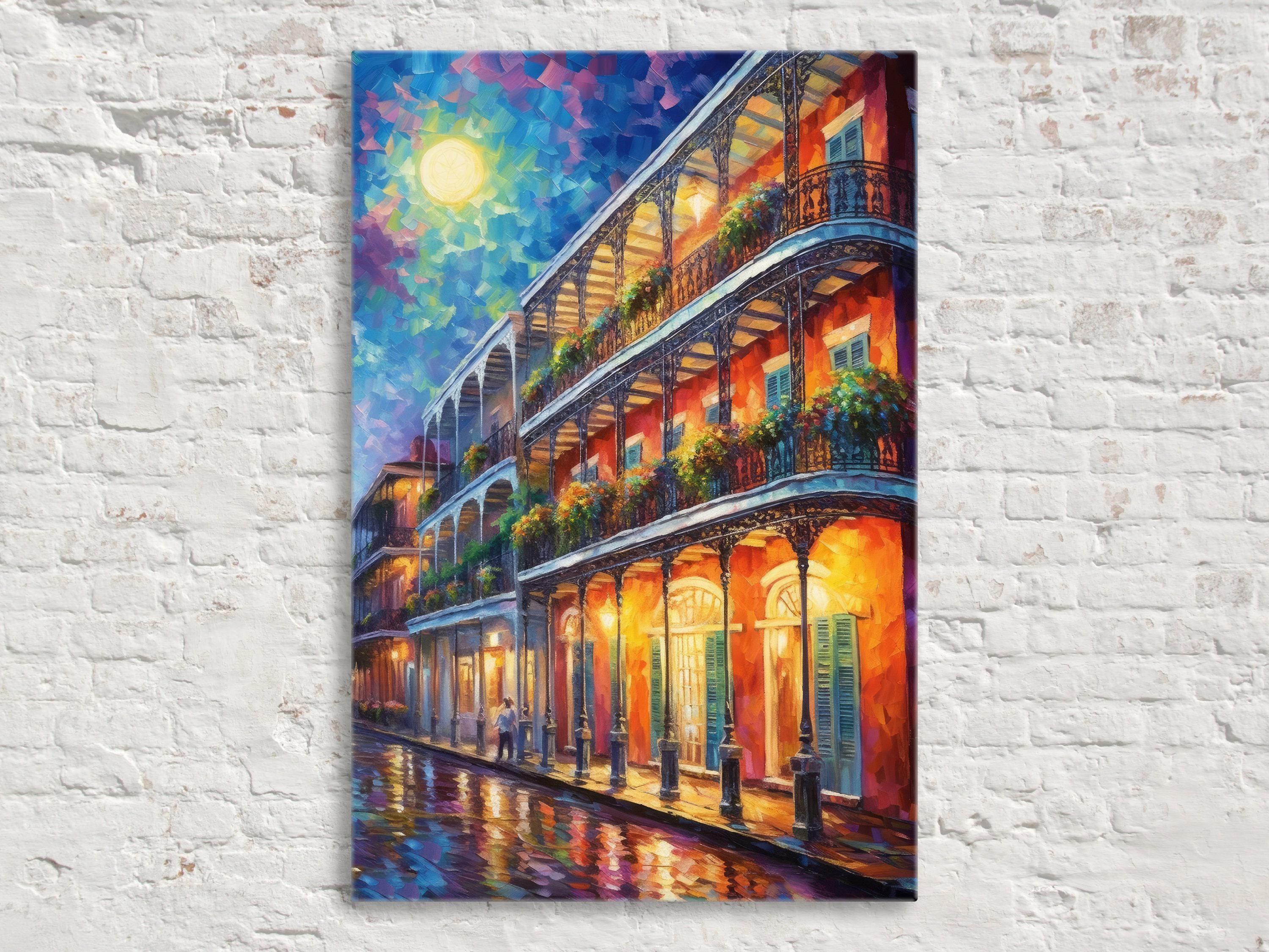 Bourbon Street Canvas Art – Colorful New Orleans Wall Art With Real Wood Frame