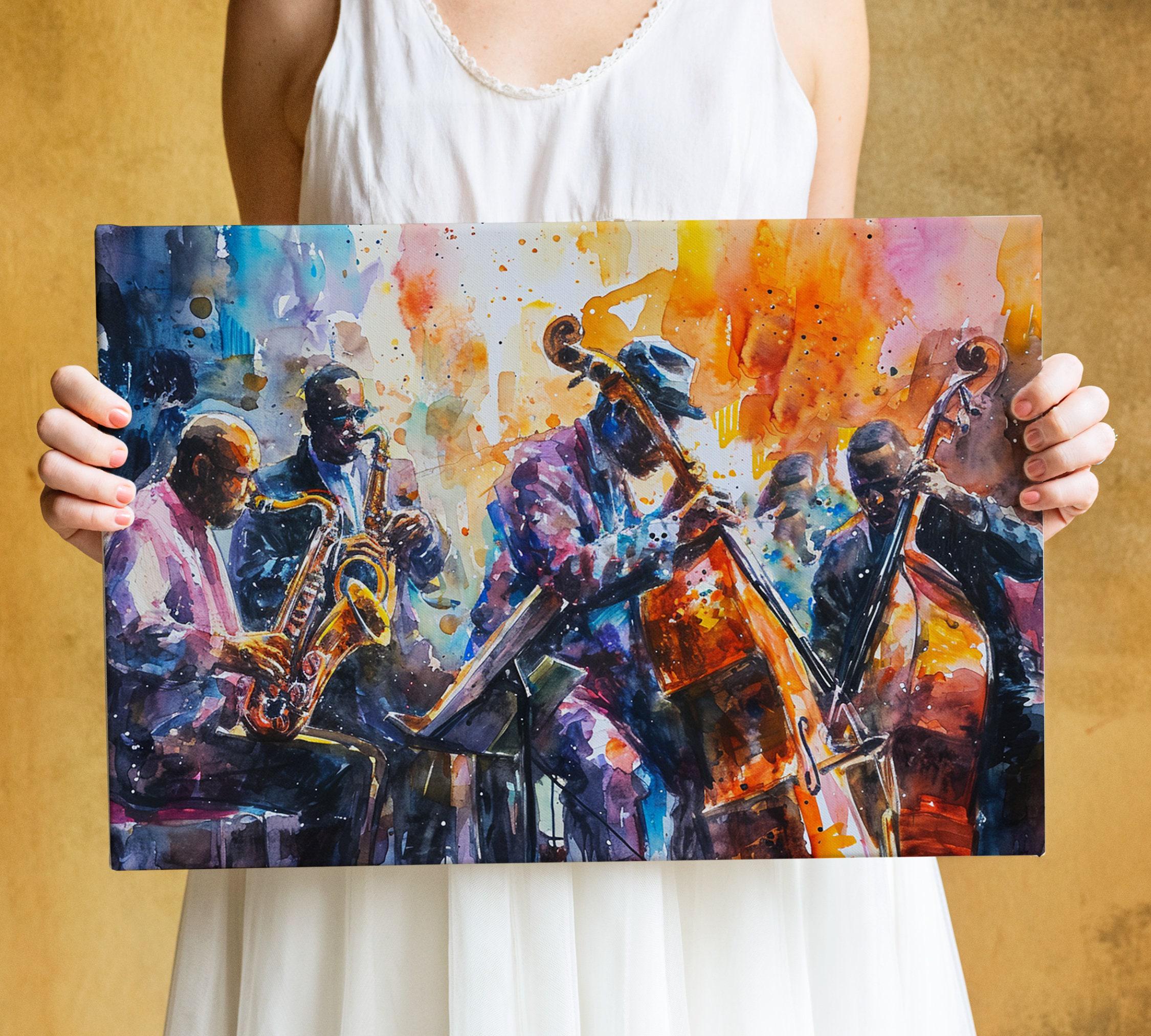 Energetic Jazz Ensemble Watercolor Wall Decor, Giclee Print on Canvas, Artist Paper, Watercolor Paper, Available in Extra Large Sizes