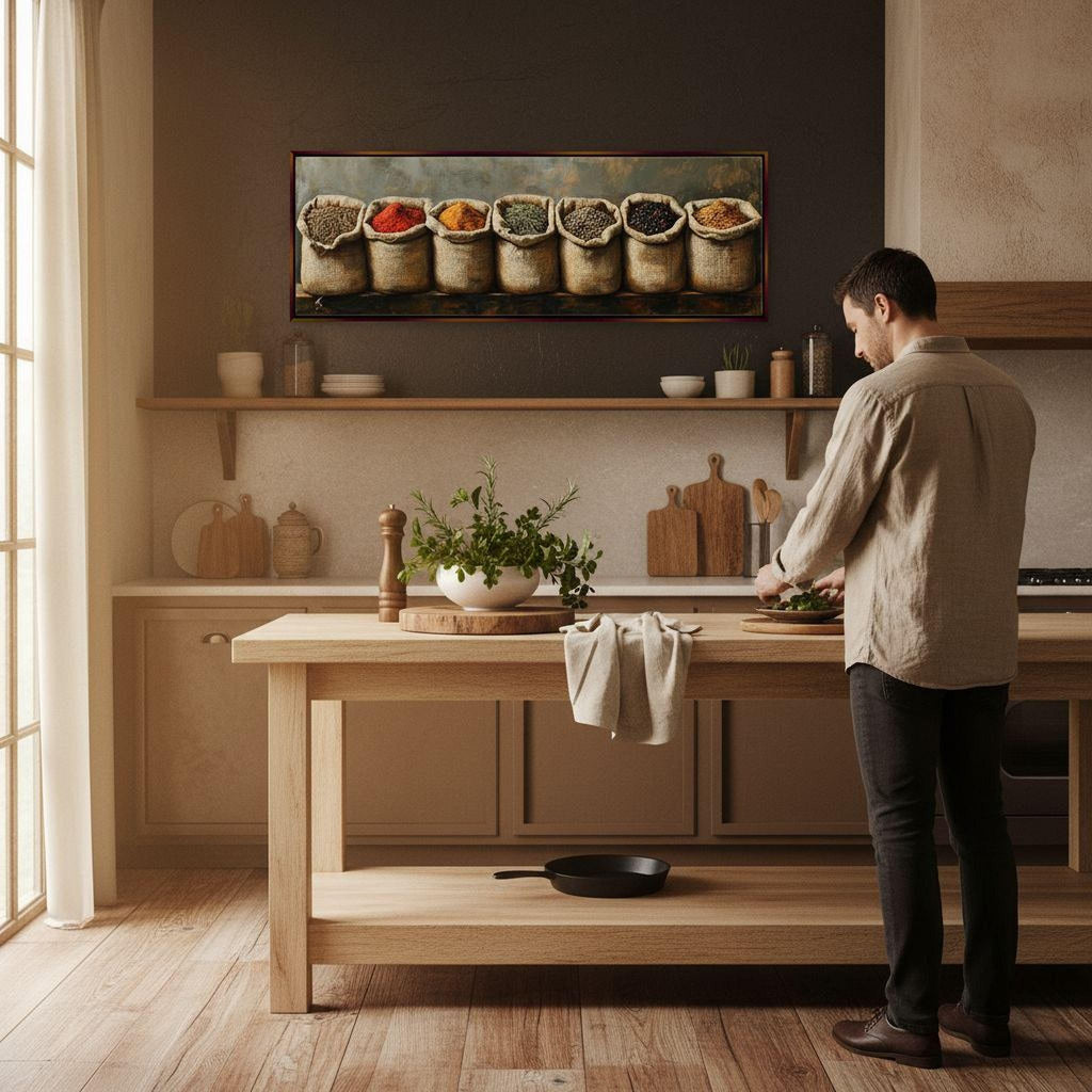 A man is standing in a kitchen, preparing food on a wooden counter. The kitchen has a rustic, homey feel, with a large window providing natural light. The counter is adorned with various kitchen items, including a bowl, a plant, and a frying pan. Above the counter, a framed image of spices is displayed, adding a touch of color and detail to the scene.