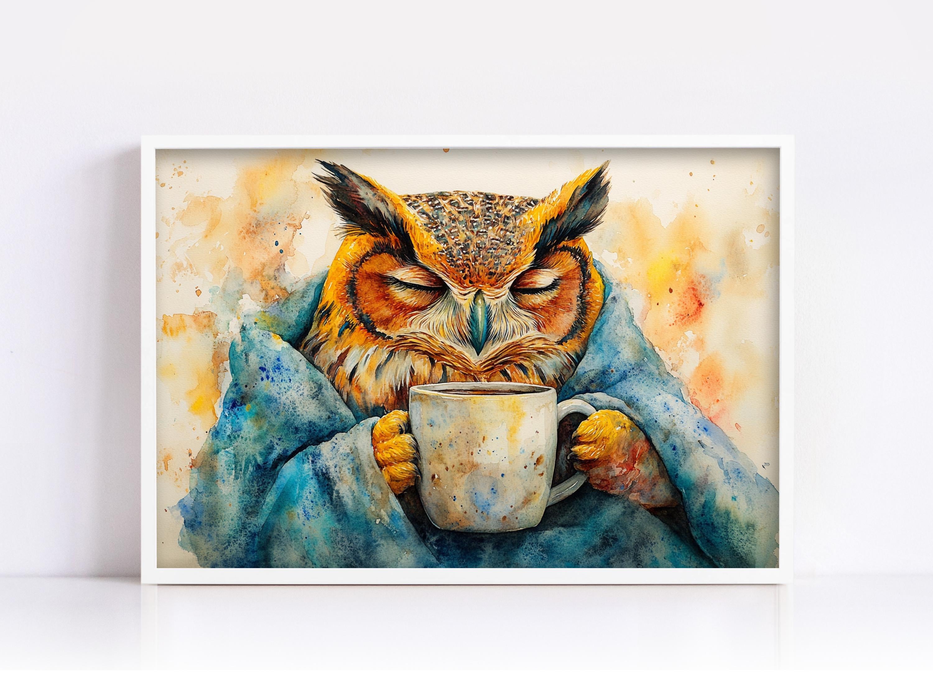 A colorful painting of an owl holding a mug, with a warm and cozy atmosphere.