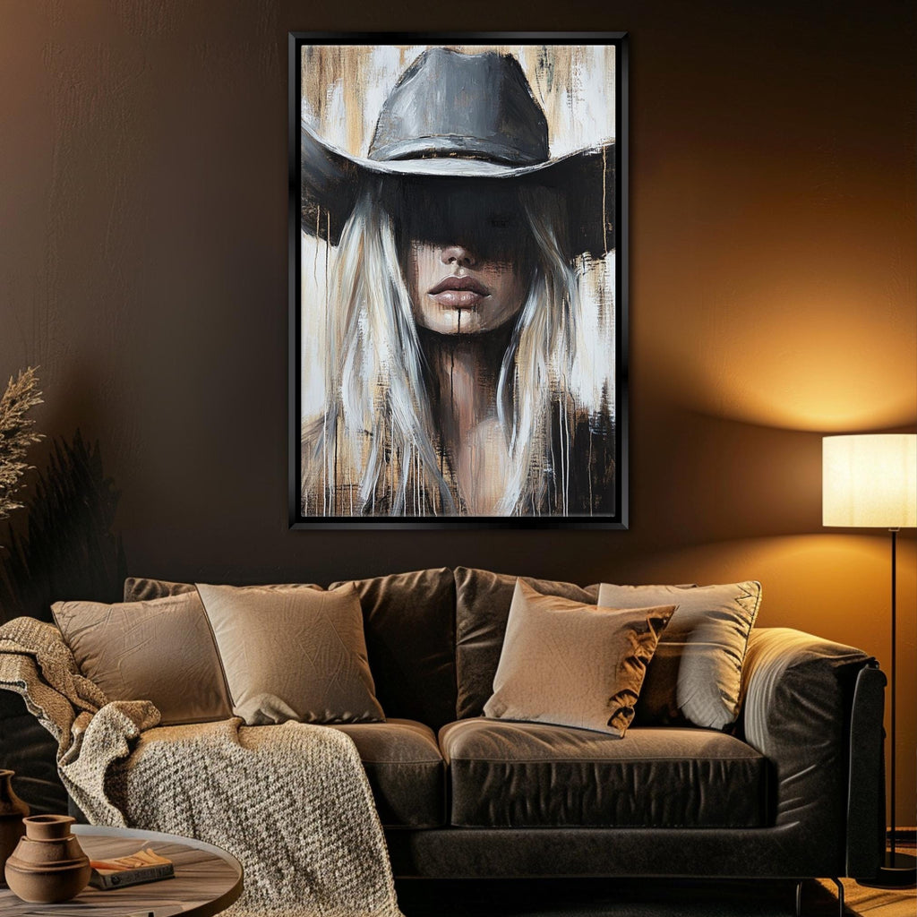 a painting of a woman wearing a cowboy hat