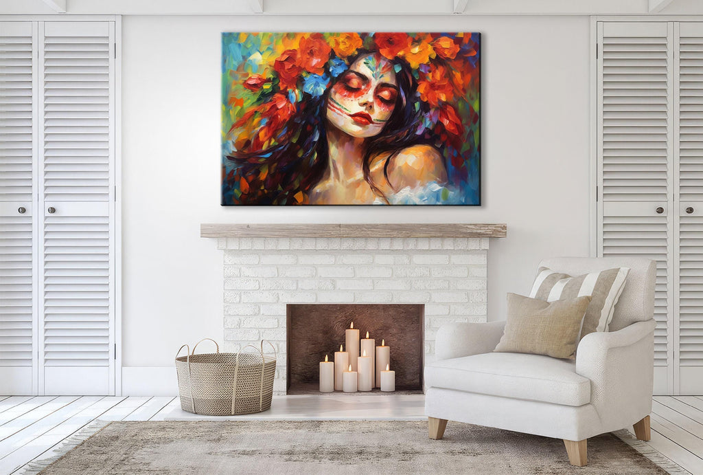 Day of the Dead Canvas – Vibrant Sugar Skull Art on Gallery Wrapped Large Wall Canvas
