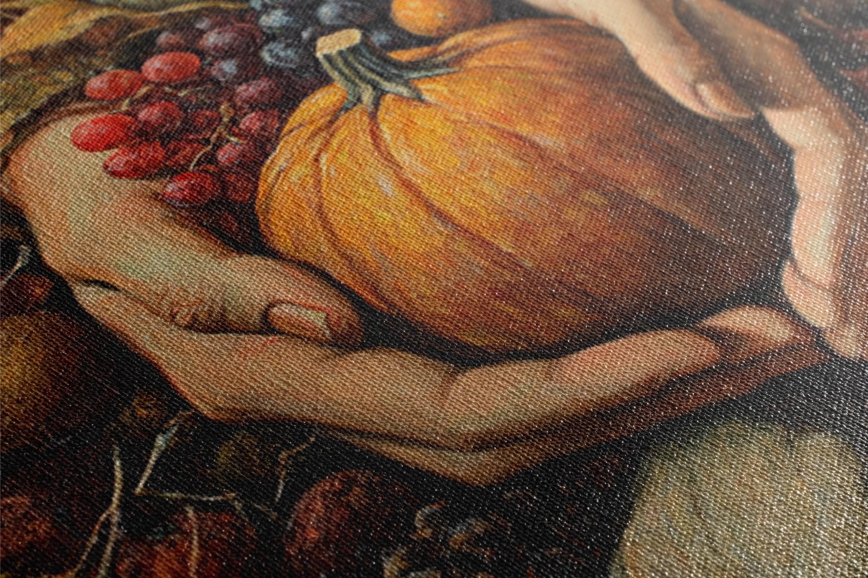 A close-up of a hand holding a large orange pumpkin, with some grapes and a smaller pumpkin visible in the background.