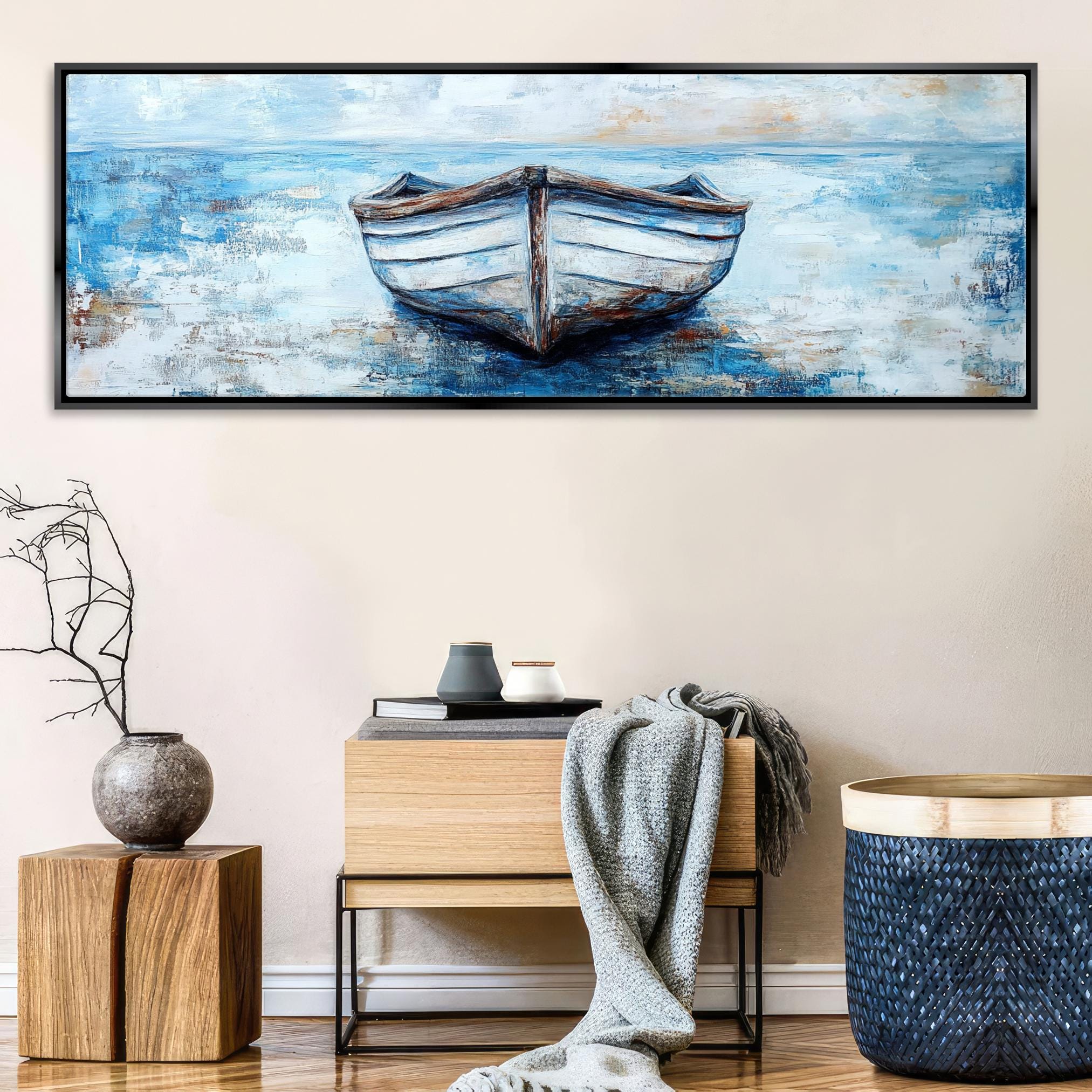 a painting of a boat on the water