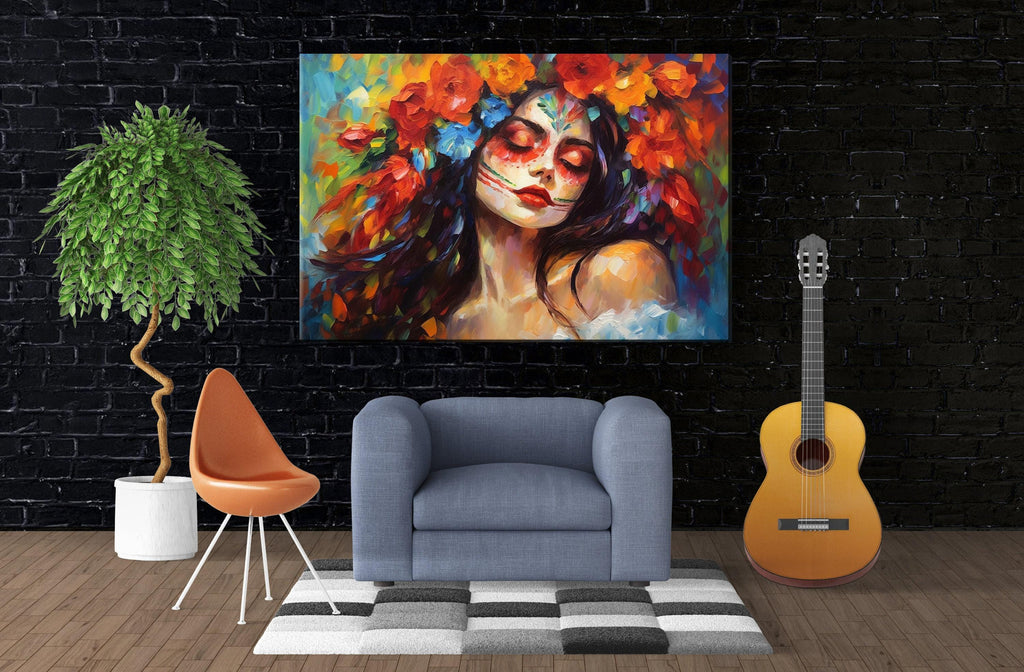 Day of the Dead Canvas – Vibrant Sugar Skull Art on Gallery Wrapped Large Wall Canvas