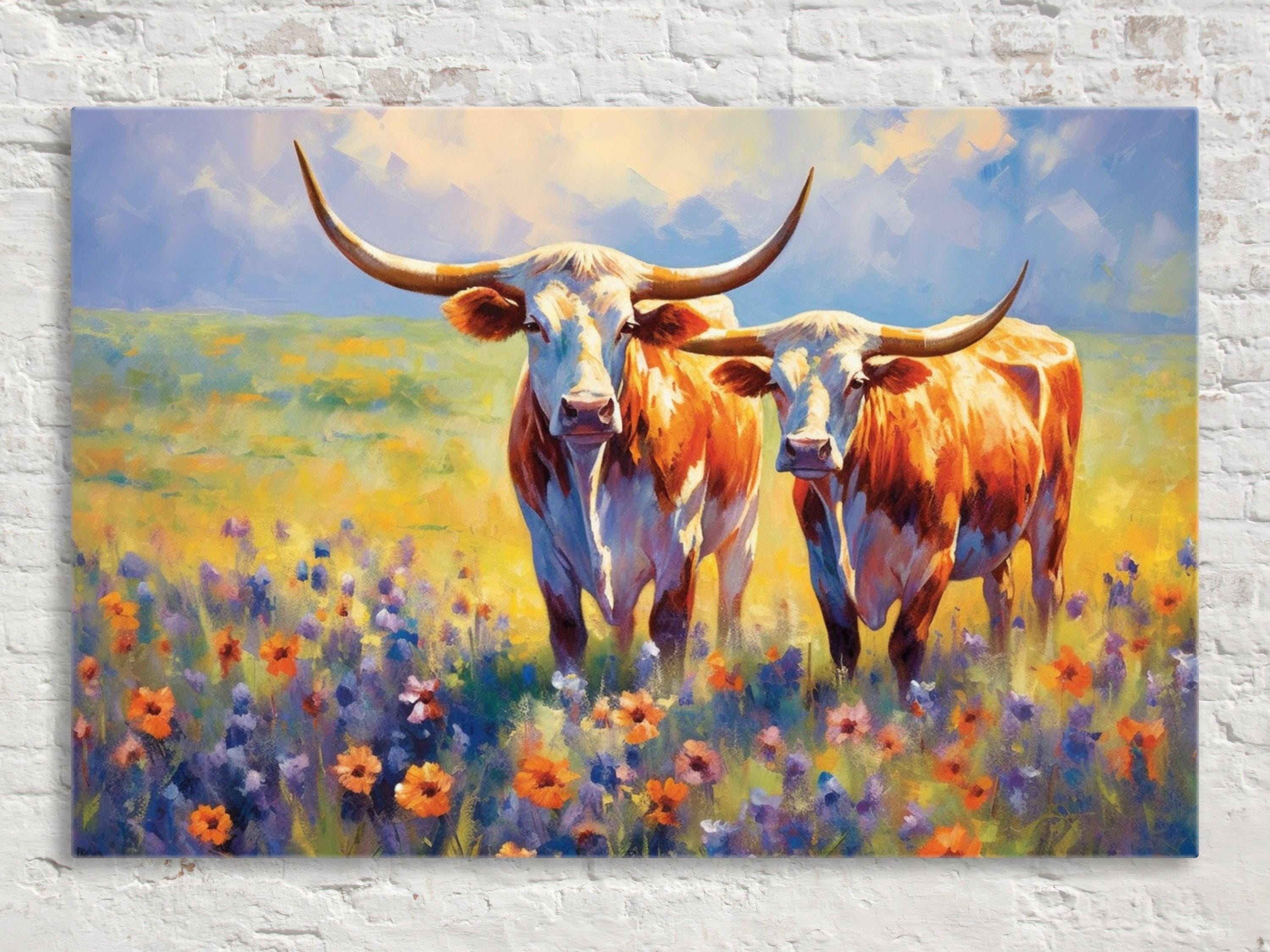 Two cows standing in a field of flowers, with a blue sky and clouds in the background.